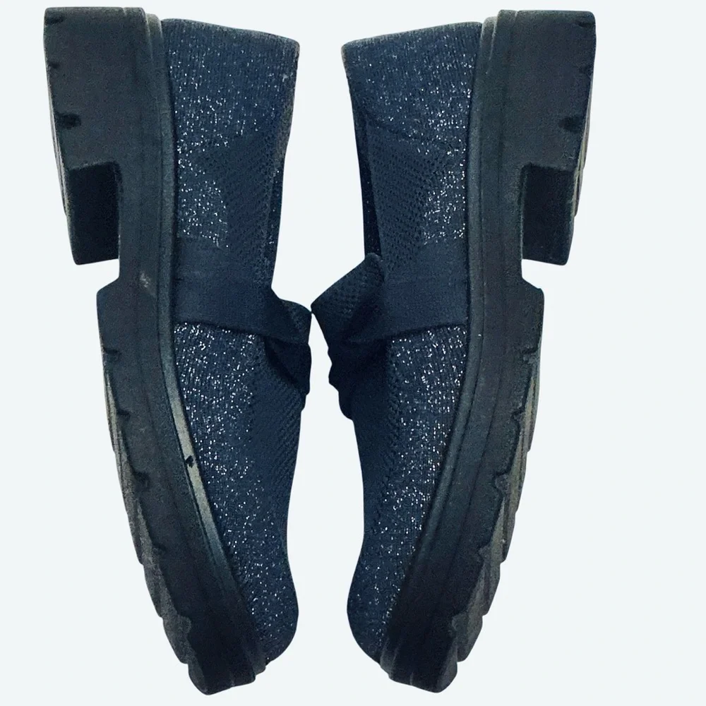 BZEES for LifeStride Muse Bow Sz 7 WIDE Loafers Blue Knit Sparkle Chunky Slip-on